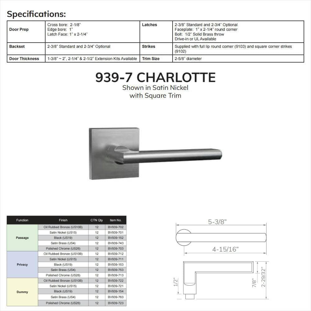 DELANEY HARDWARE Bravura Charlotte 939-7 Dummy Door Lever Oil Rubbed Bronze w/ square trim (2)