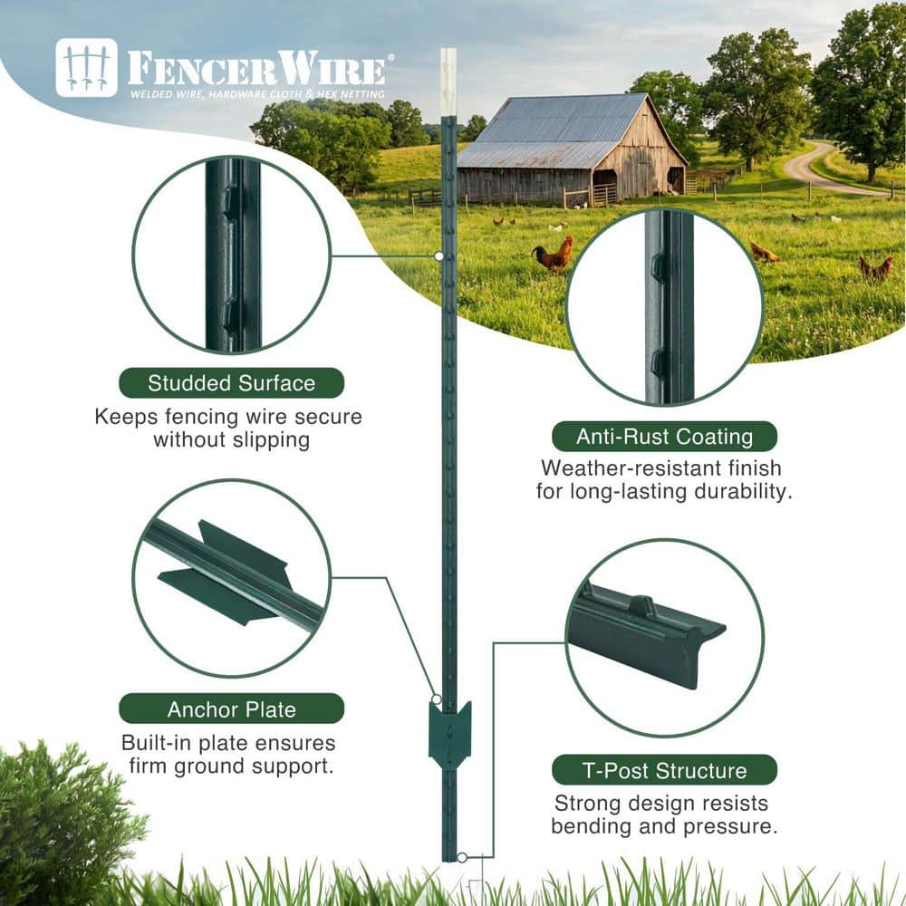 Fencer Wire 1. 4 in. x 84 in. Green Steel T-Post with T-Channel and Anchor Plate (10-Pack) (3)