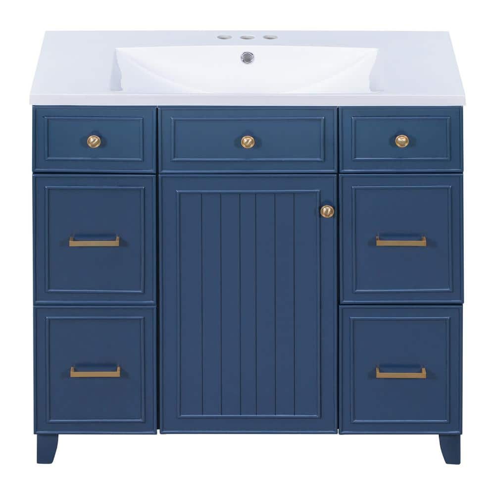 Lycvki 36 in. W x 18 in. D x 34.3 in. H Freestanding Navy Blue Linen Cabinet with 3-Drawers and White Resin Sink Top