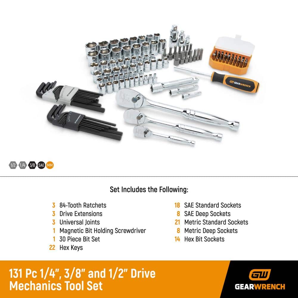GEARWRENCH 1/4 in., 3/8 in. and 1/2 in. Drive 84-Tooth, Standard, SAE/Metric Mechanics Tool Set in Storage Case (131-Piece) (2)