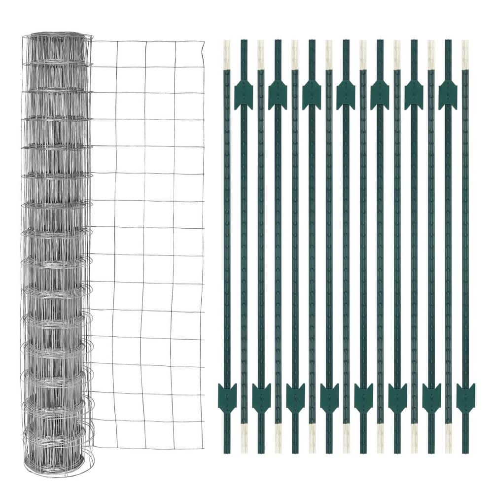 Fencer Wire 1. 4in. x 84in. Green Steel T-Post with 16 Gauge Galvanized Welded Fencing Wire Roll (15-Pack)