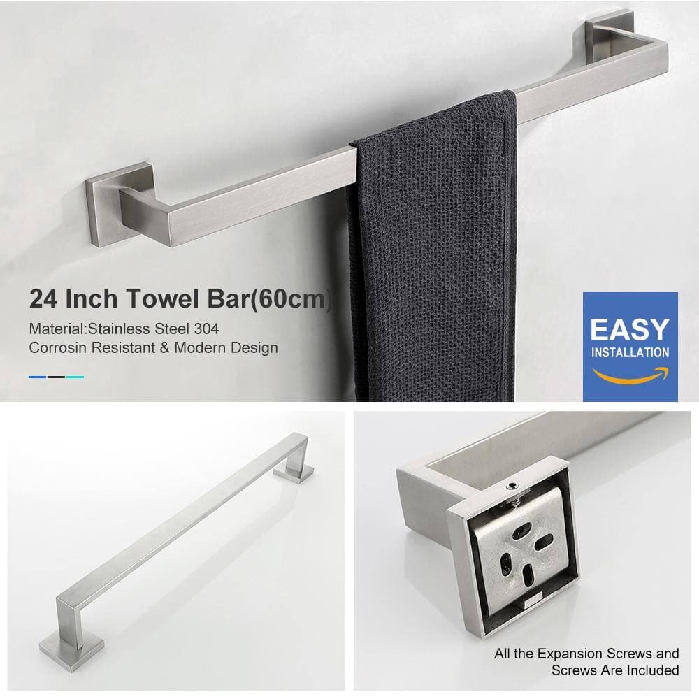 RAINLEX 4-Piece Bath Hardware Set with Hook Towel Ring, Toilet Paper Holder 24 in. and 8 in. Towel Bar in Brushed Nickel (2)