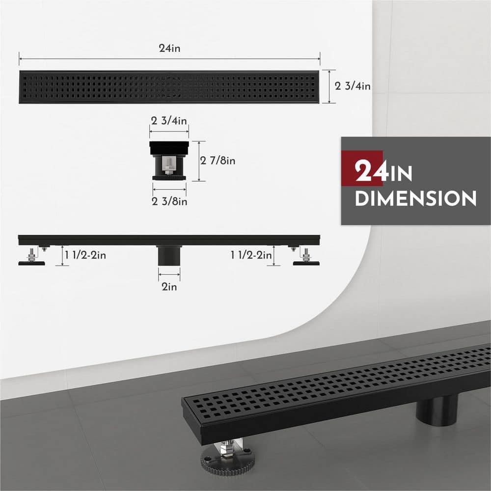 Helhom 24 in. Linear Shower Drain Rectangular Floor Drain with Accessories Square Hole Pattern Cover, Matte Black (2)