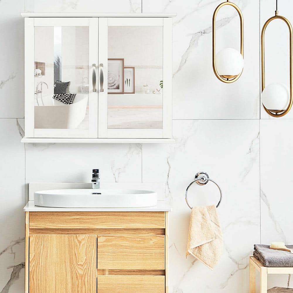 Gymax 23.5 in. W Bathroom Medicine Wall Cabinet 2-Tier Wall-Mounted Mirror Storage Cabinet with Handles White