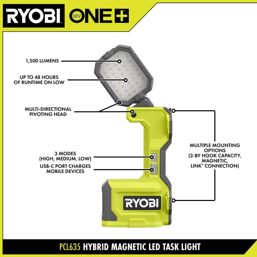 RYOBI ONE+ 18V Hybrid Cordless LED Magnetic Task Light with 4.0Ah Lithium-Ion Battery, 2.0Ah Lithium-Ion Battery & Charger (3)