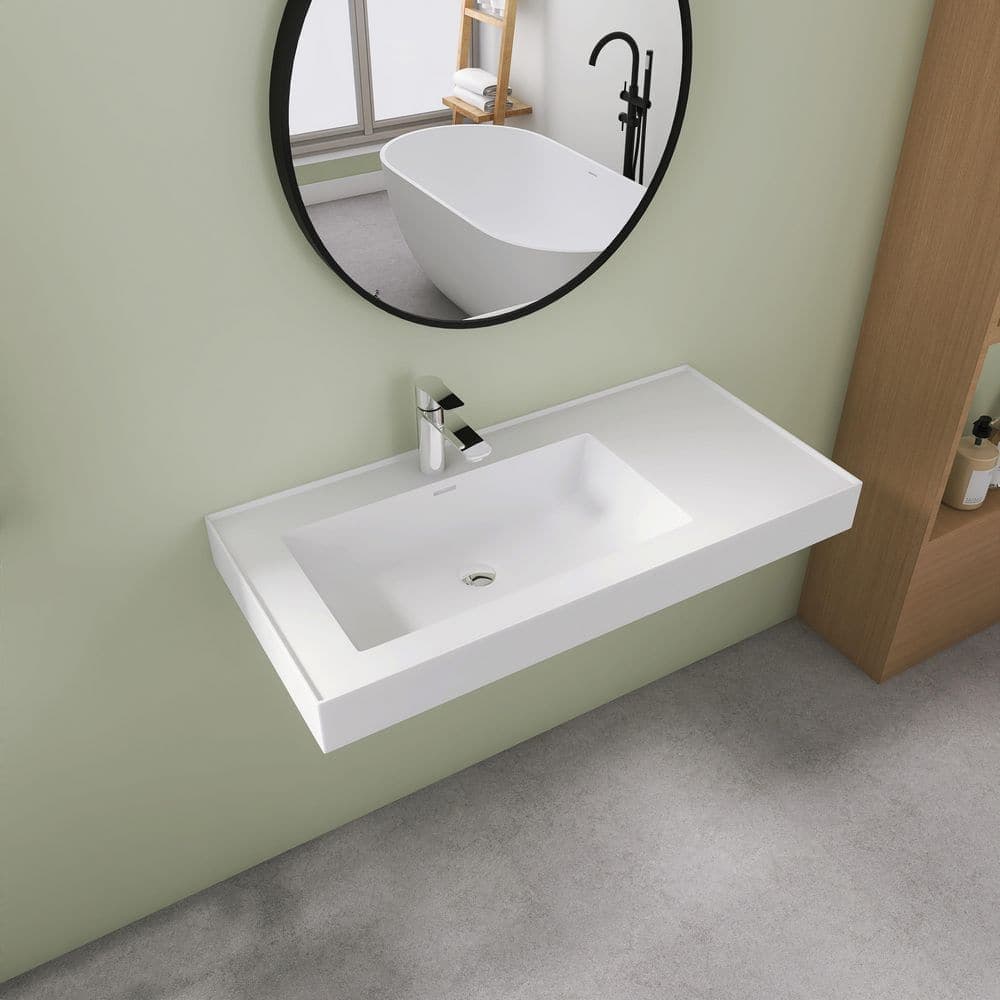 SJ STAR&JANE 39 x 19 in. Solid Surface Bathroom Vessel Sink Wall Mount or Countertop Left Basin with Faucet Holes in Matte White (3)