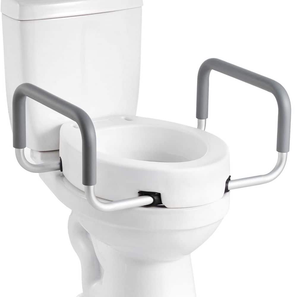 SKYSHALO 19.7 in. x 22.05 in. Elongated Toilet Seat in White, 300 lbs. Capacity, Widened Riser with Padded Handles for Seniors (1)