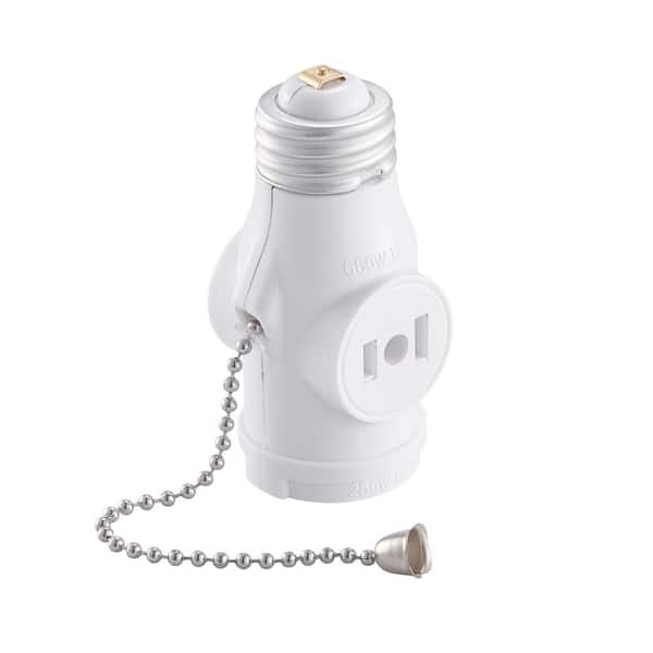 Commercial Electric Height 3. 27 in. 2-Outlet White Socket Lamp holder with Pull Chain
