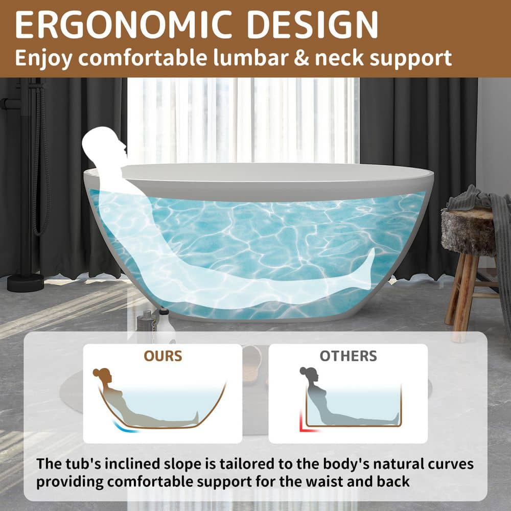 Unbranded 55 in. 22 in. Solid Surface Stone Resin Stand Alone Freestanding Soaking Bathtub with Center Drain (2)