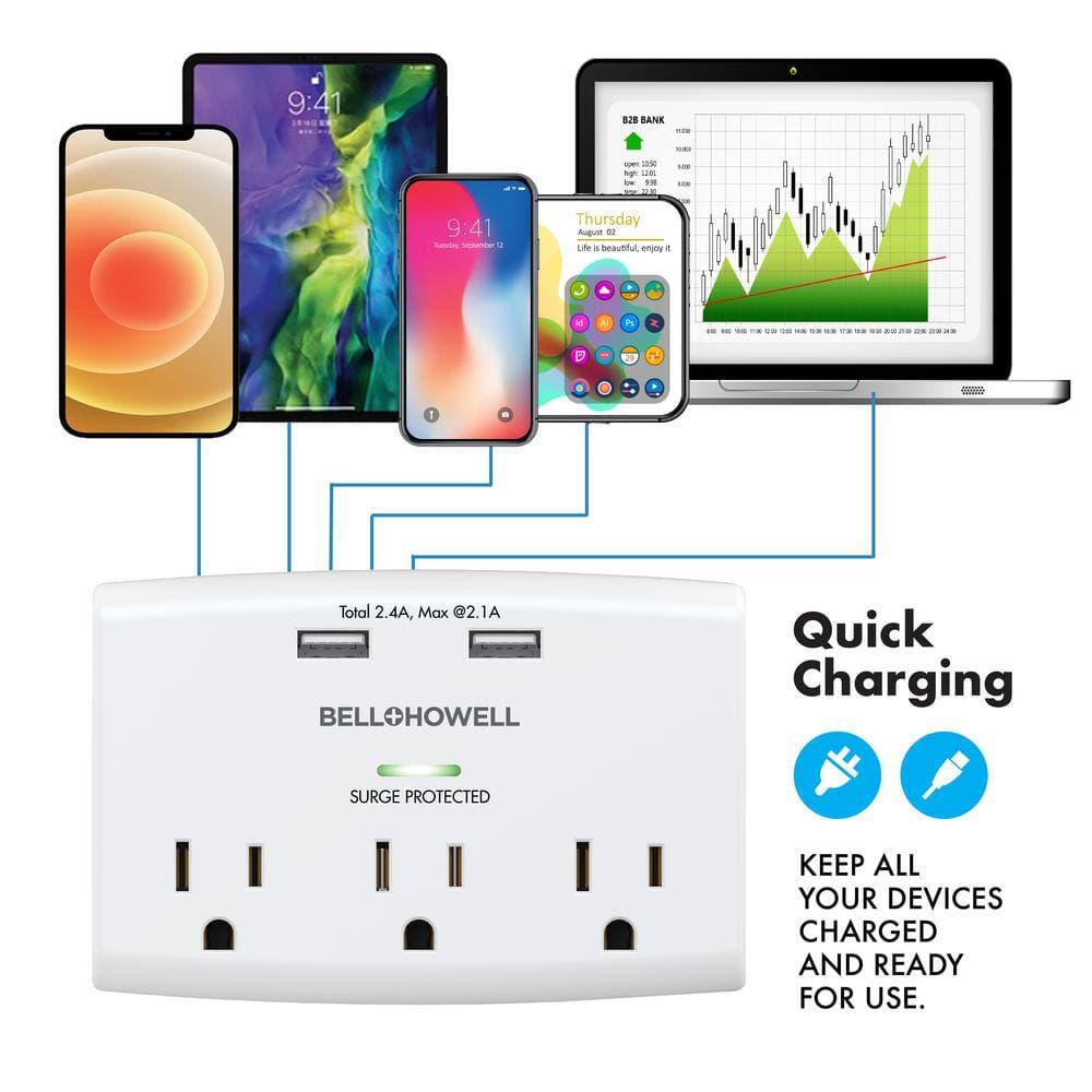 Bell + Howell Socket Power 3 Power-Outlets/2 USB Ports Surge Protection Wall Adapter Tap with Docking Shelf (3)