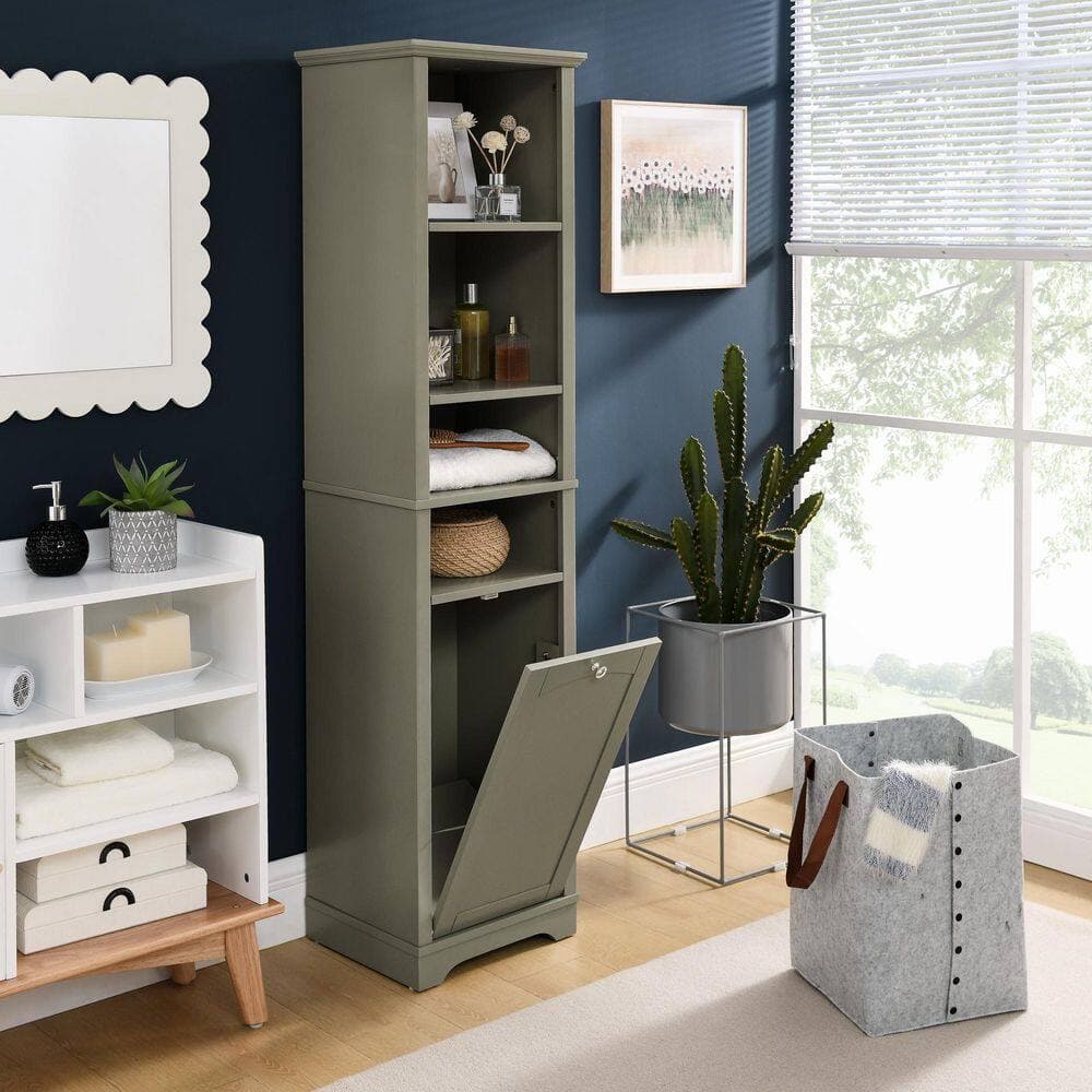 Tahanbath 13.75 in. W x 15.75 in. D x 63.75 in. H Grey MDF Freestanding Linen Cabinet w/4-Shelves and Laundry Hamper in Grey (2)