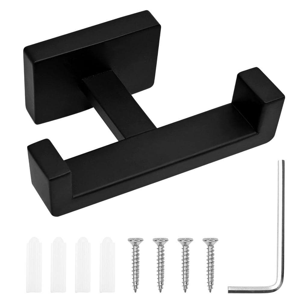 Unbranded Double Towel Hook Wall Mounted Robe and Towel Hanger in Matte Black Stainless Steel for Bathroom Use (1)