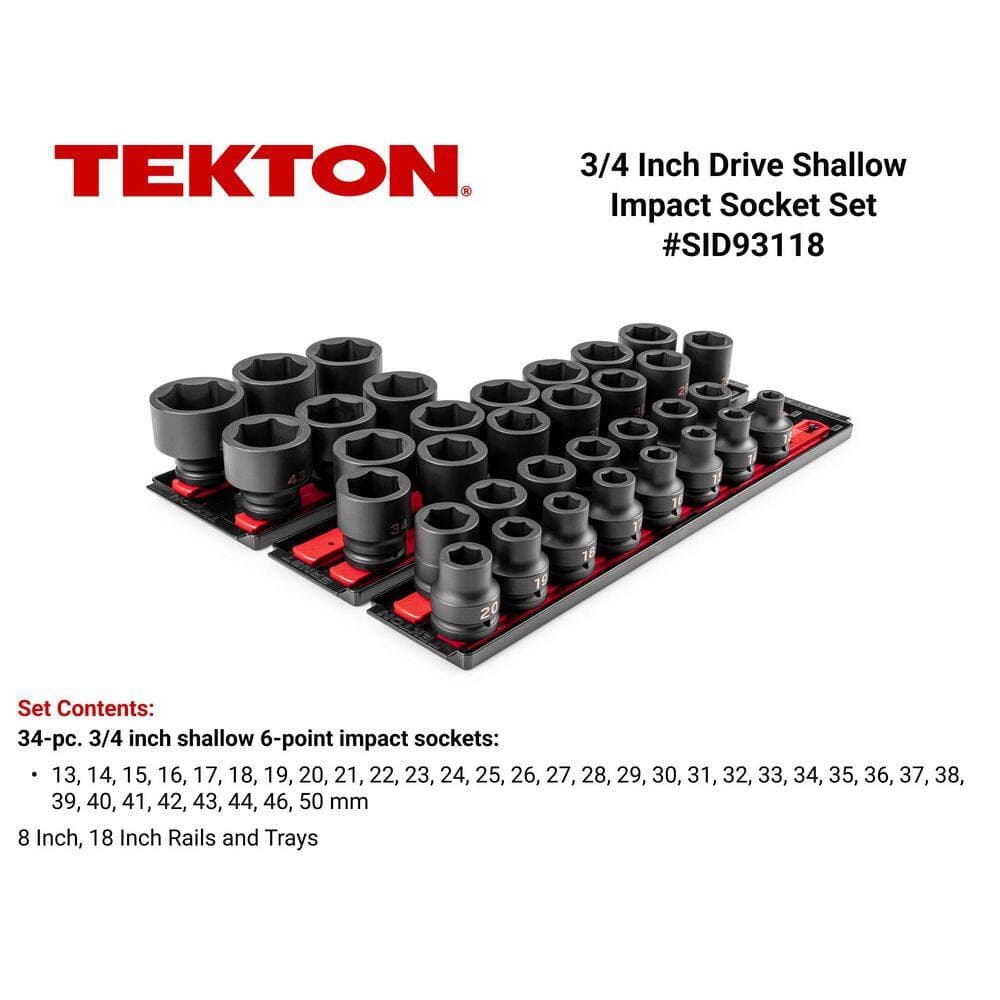 TEKTON 3/4 in. Drive 6-Point Impact Socket Set with Rails and Trays, 34-Piece (13-50 mm) (2)