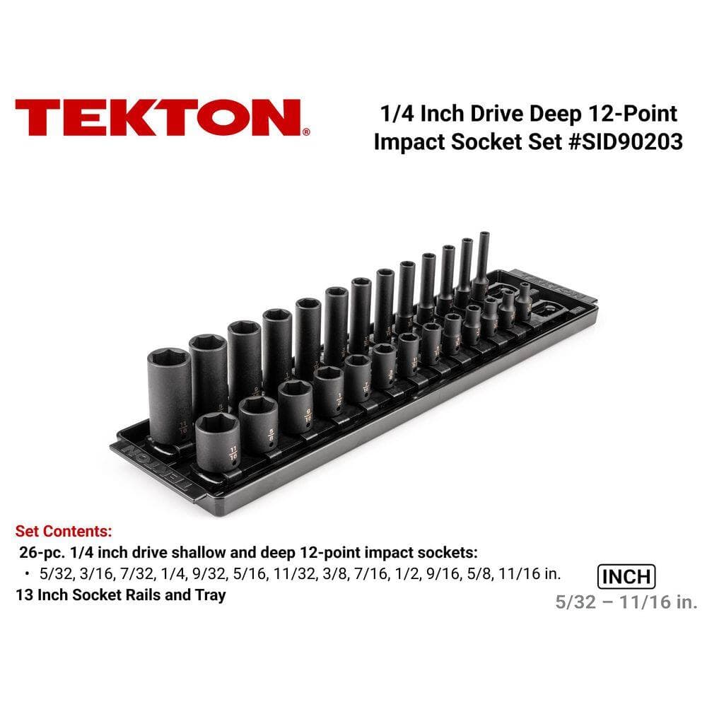 TEKTON 1/4 Inch Drive 12-Point Impact Socket Set with Rails and Tray, 26-Piece (5/32-11/16 in.) (2)