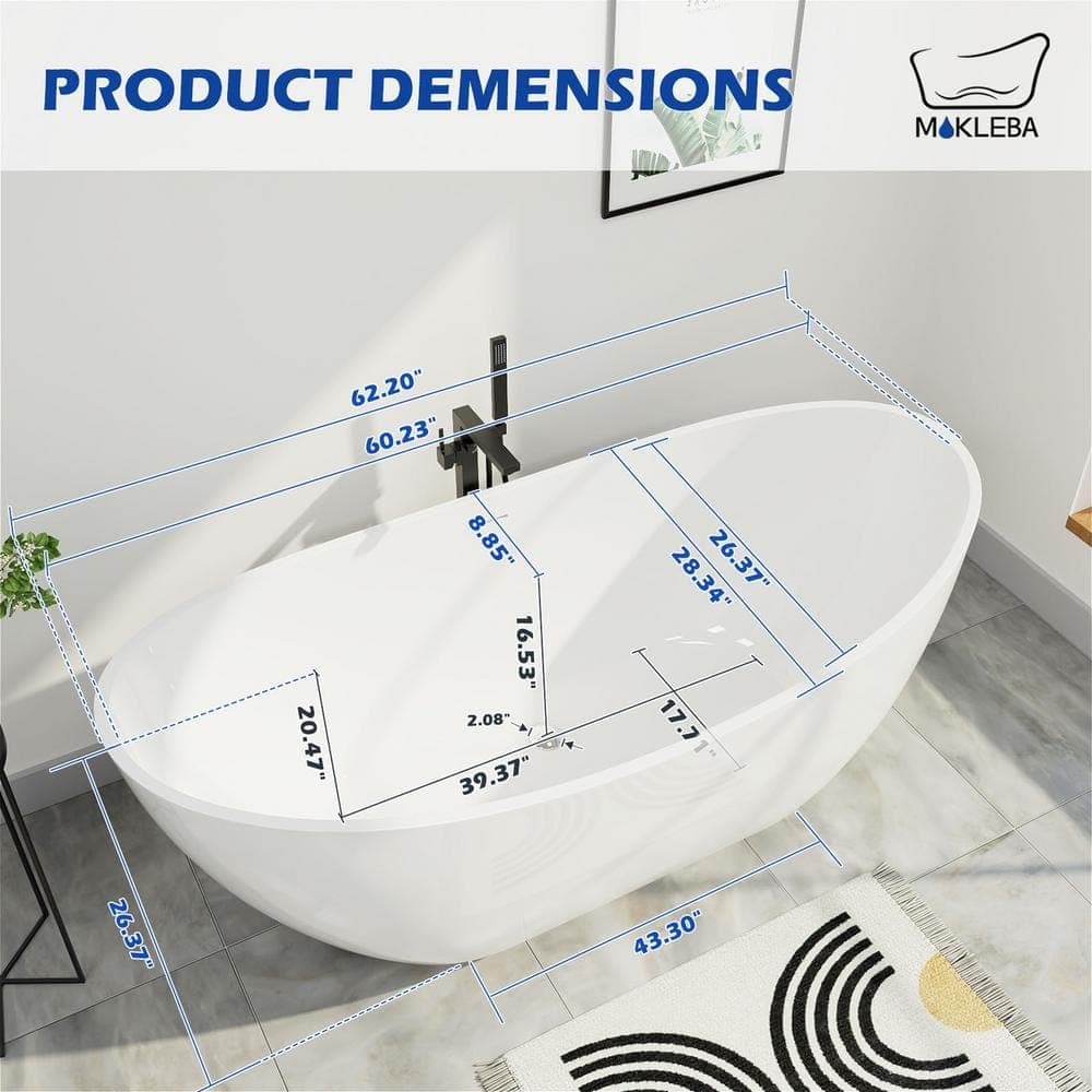 Mokleba 62 in. x 26 in Freestanding Soaking Bathtub Stand Alone Flatbottom Acrylic SPA Tub with Center Drain in White (2)