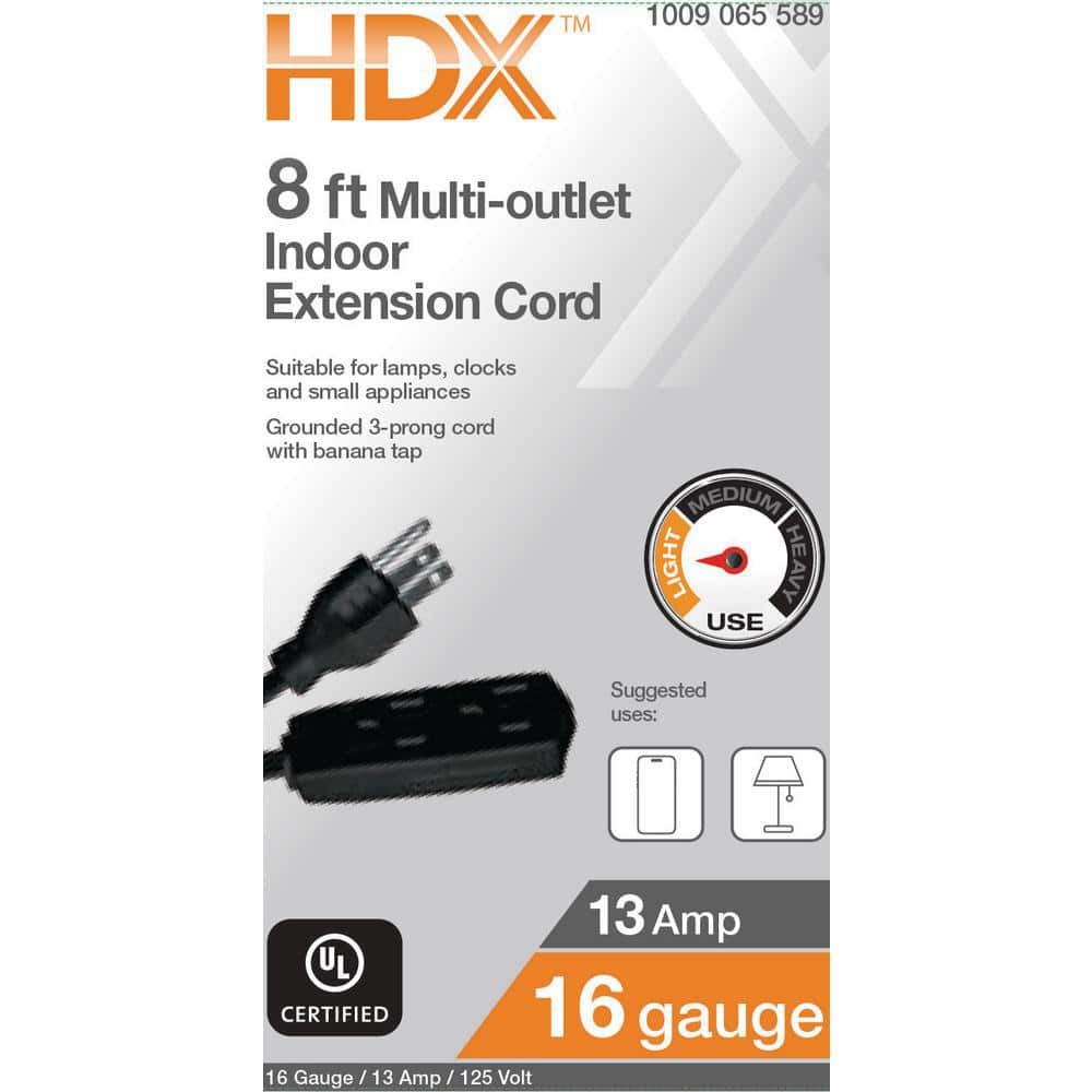 HDX 8ft. 16/3 Light Duty Indoor Multi-Outlet Extension Cord with Banana Tap, Black (2)