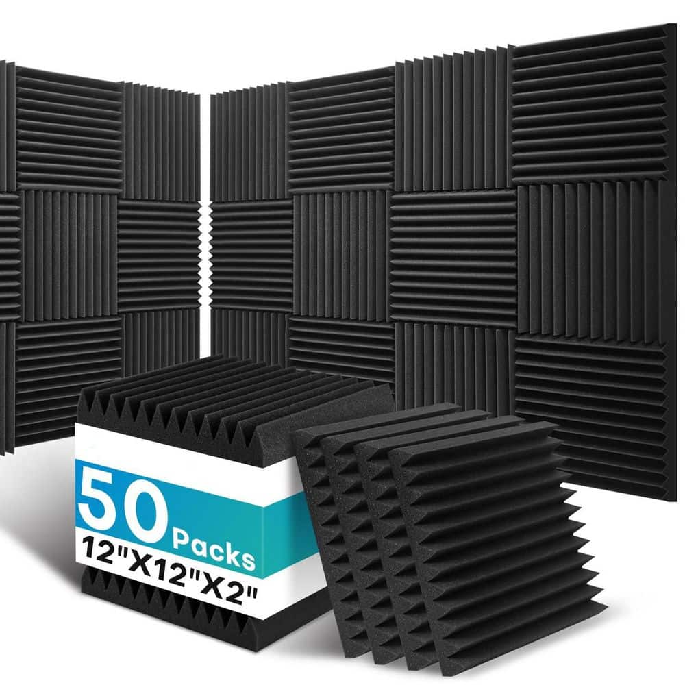 xinyoec 12 in. x 12 in. x 2 in. Black Foam Sound Absorbing Panel (50-Pack), High Density Acoustic Panels Sound Absorbing