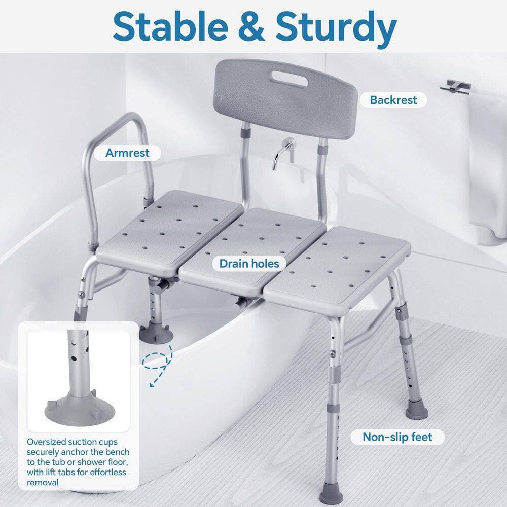 Wudkey 26 in. W Adjustable Height Freestanding Tub Transfer Bench for Bathtub in Grey, Shower Bench for Elderly and Disabled (3)