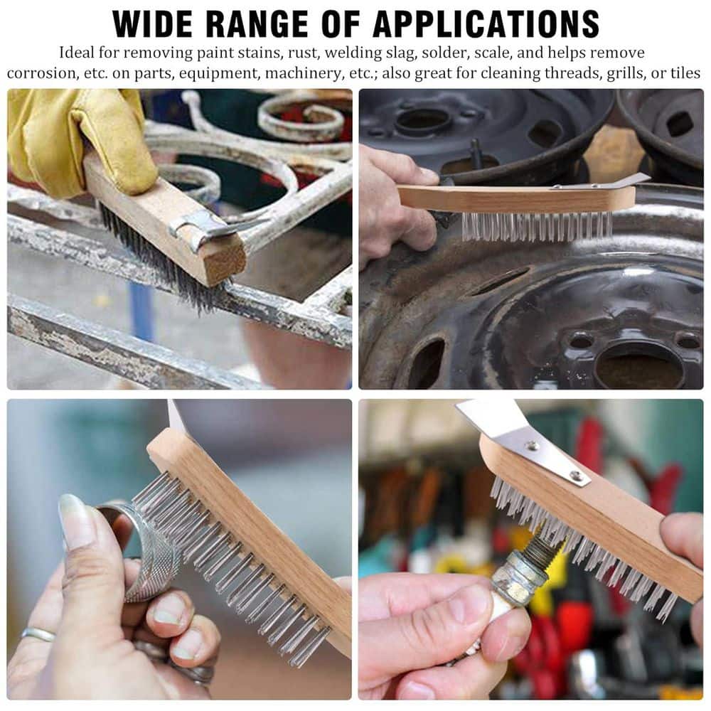KIWDZFU 12 in. Stainless Steel Wire Scratch Brush with Metal Scraper Heavy Duty for Rust Paint Cleaning 2-Pieces (2)