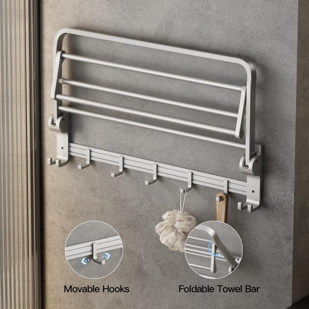 Numhew Silver Wall Mounted Towel Rack with Towel Bar Holder and Movable Hooks for Bathroom, Lavatory (4)
