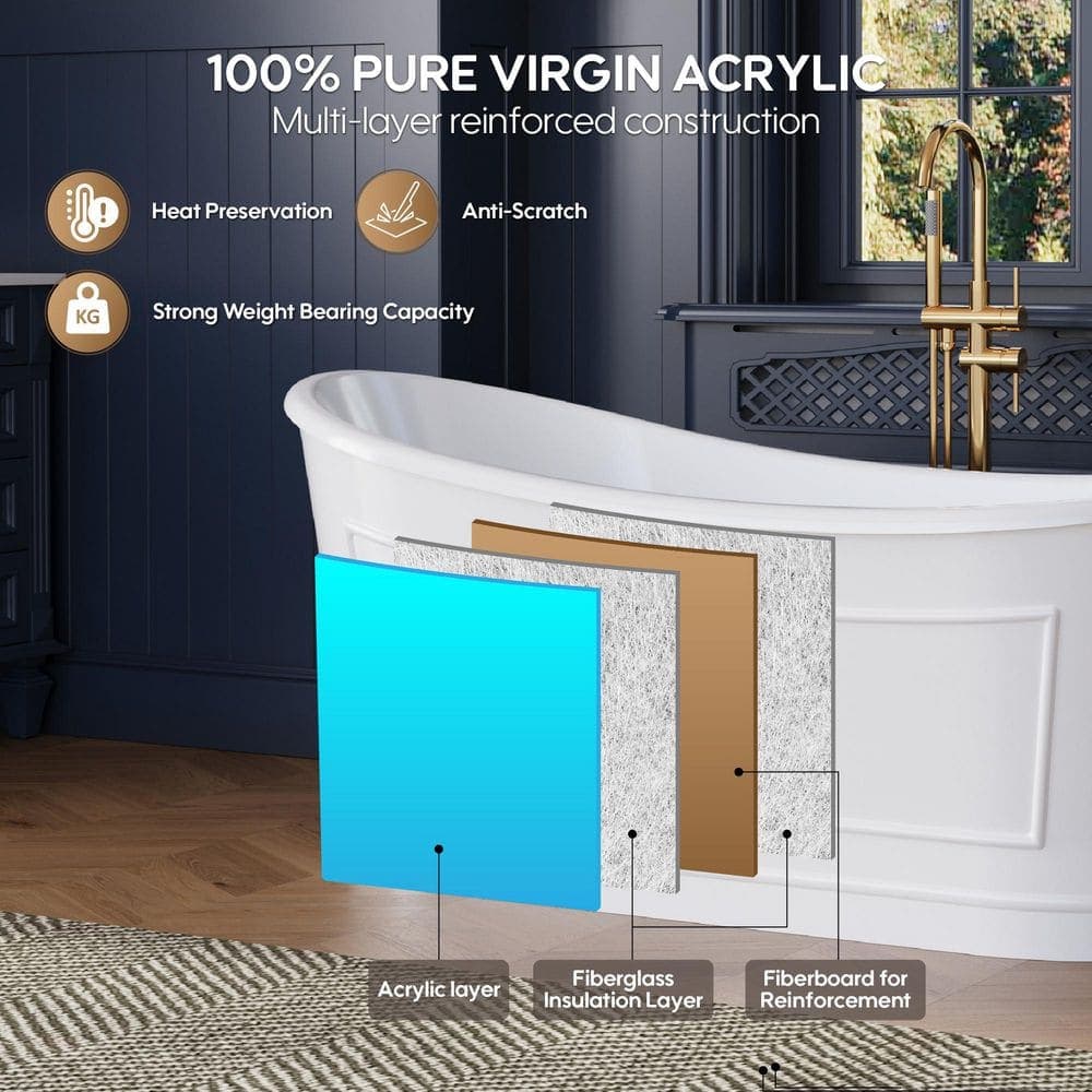 ANGELES HOME 66 in. L x 30 in. W Acrylic Freestanding Single Slipper Soaking Bathtub in White, Pop-Up Drain (3)