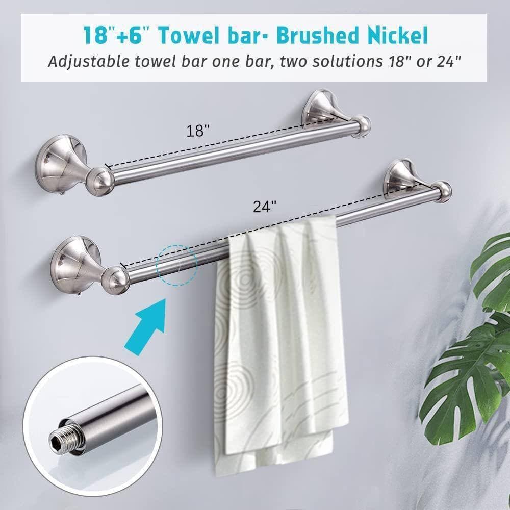 JFVKAF 4-Piece Bathroom Accessory Set with Adjustable Towel Bar, Towel Ring, Toilet Paper Holder, Towel Hook in Brushed Nickel (3)