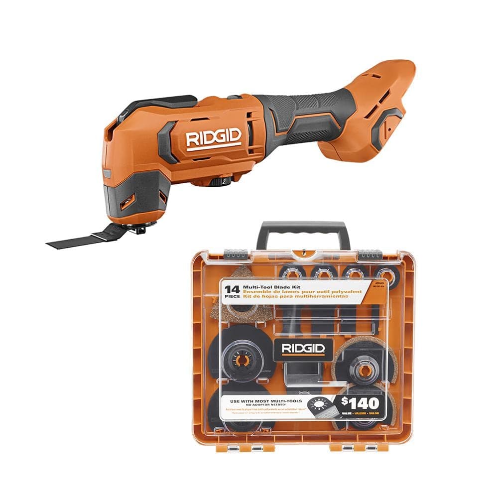 RIDGID 18V Cordless Oscillating Multi-Tool w/ 2.0 Ah Battery, Charger, and 14-Piece Oscillating Multi-Tool Blade Accessory Kit