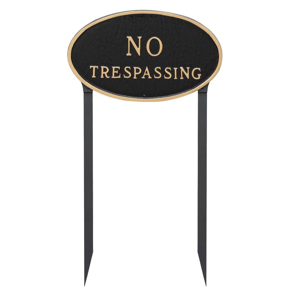 Montague Metal Products 10 in. x 18 in. Large Oval No Trespassing Statement Plaque Sign with 23 in. Lawn Stakes, Black with Gold Lettering (2)