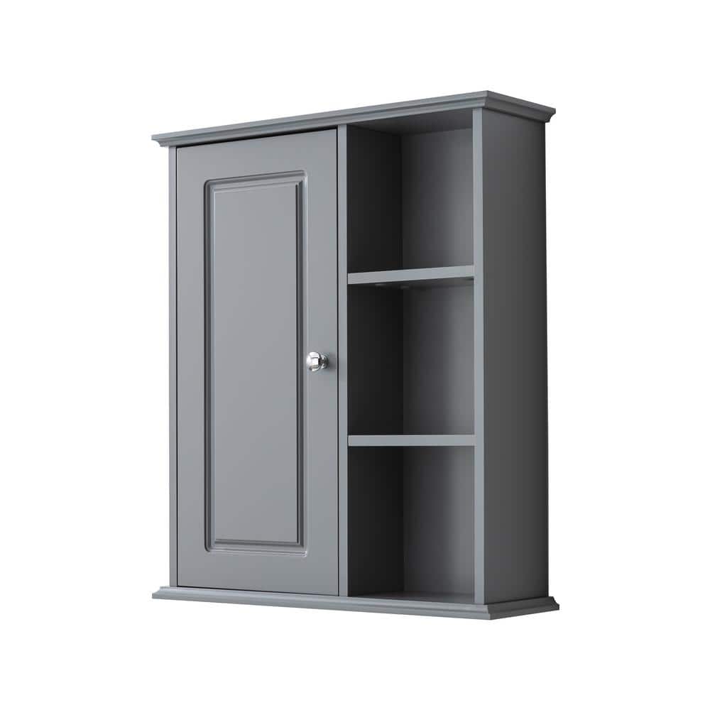 ANGELES HOME 23.6 in. W x 7 in. D x 27.6 in. H Bathroom Storage Wall Cabinet in Gray with 3-Tier Open Shelves (1)