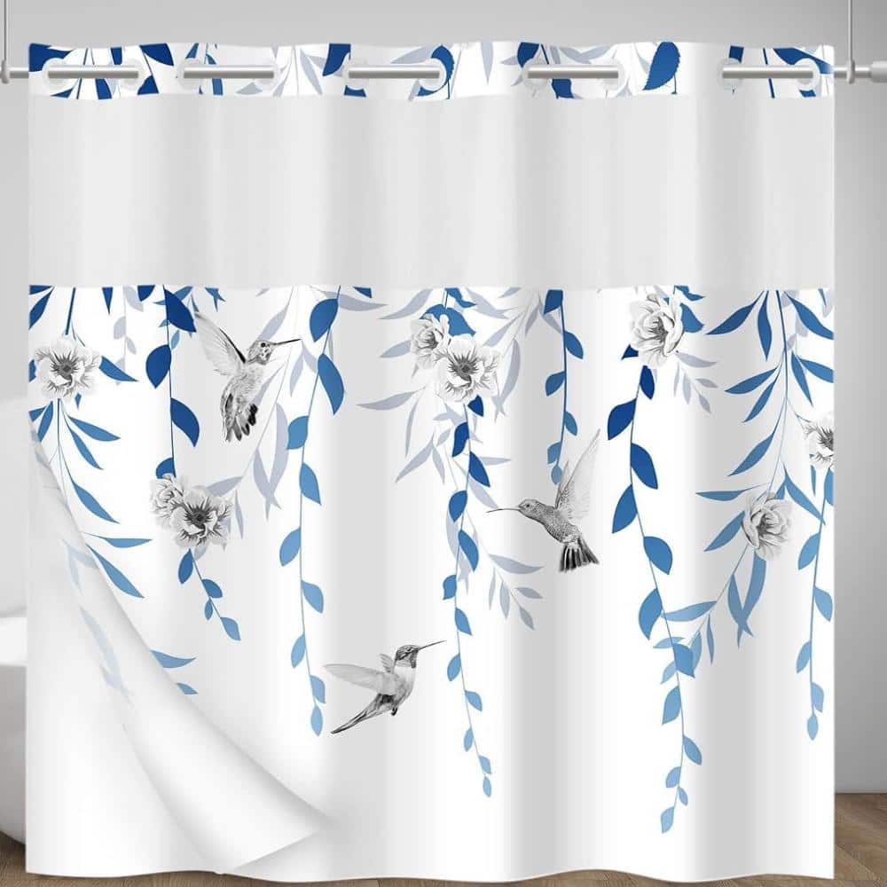 Unbranded Floral No-Hook Shower Curtain with Snap-In Liner,Blue Grey