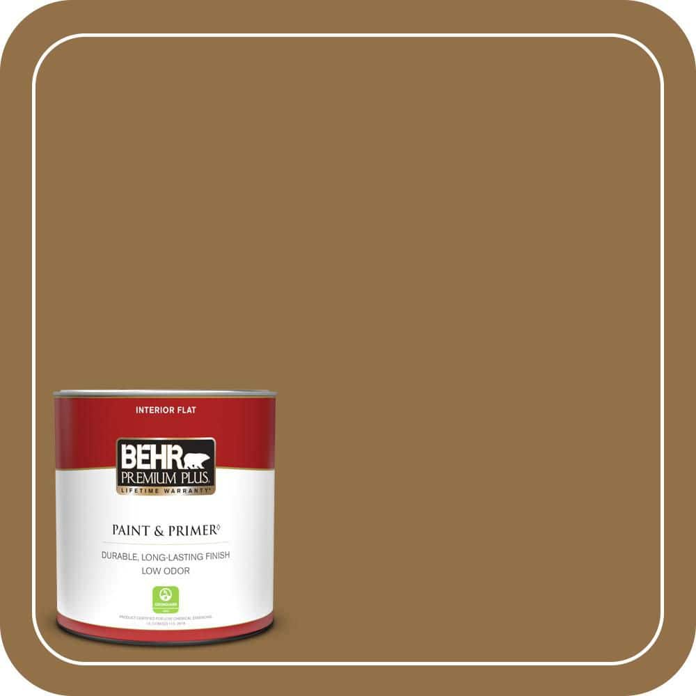 BEHR PREMIUM PLUS 1 qt. #N280-7 Brass Button Flat Low Odor Interior Paint & Primer
