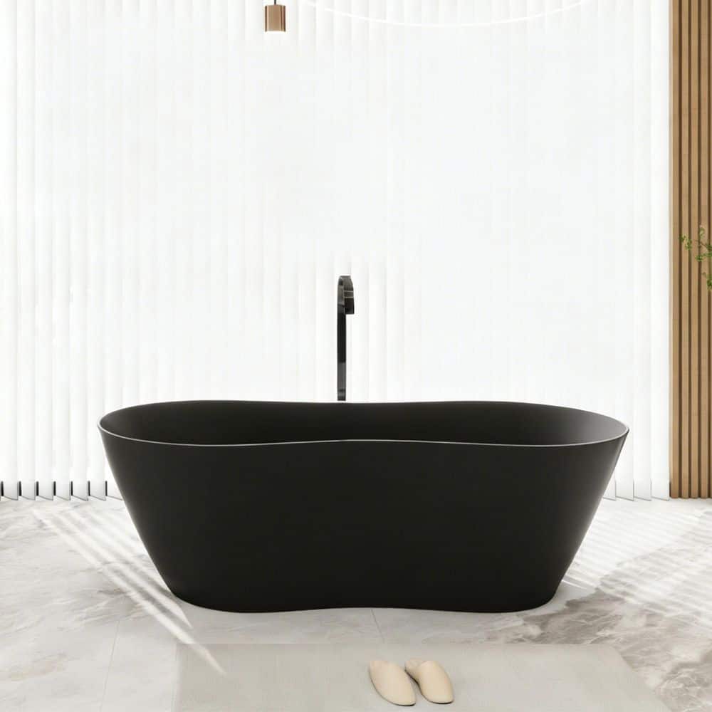 Opvande 71 in. x 31.5 in. Modern Curved Freestanding Solid Surface Soaking Bathtub, Black, Center Drain