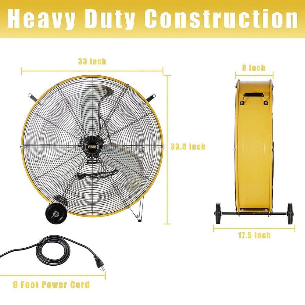 WOCK HICFM 30 in. 3-Speeds Drum Fan in Yellow with 1/3 HP Powerful Motor, 5 in. Wheels for Workshop, Industrial Room (3)
