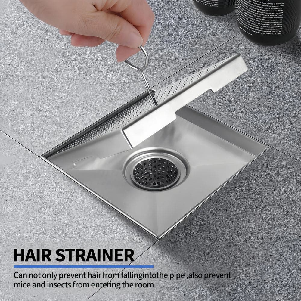 HOMEMYSTIQUE 6 in. x 6 in. Stainless Steel Square Shower Drain with Square Pattern Drain Cover in Brushed Nickel (3)