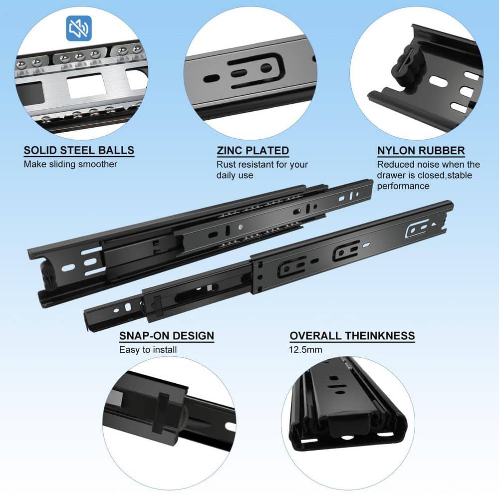 Wudkey 12 in. L 6 Pairs Alloy Steel Black Drawer Slide with 3 Fold Full Extension Ball Bearing Drawer Rails, 100 lbs. Capacity (2)