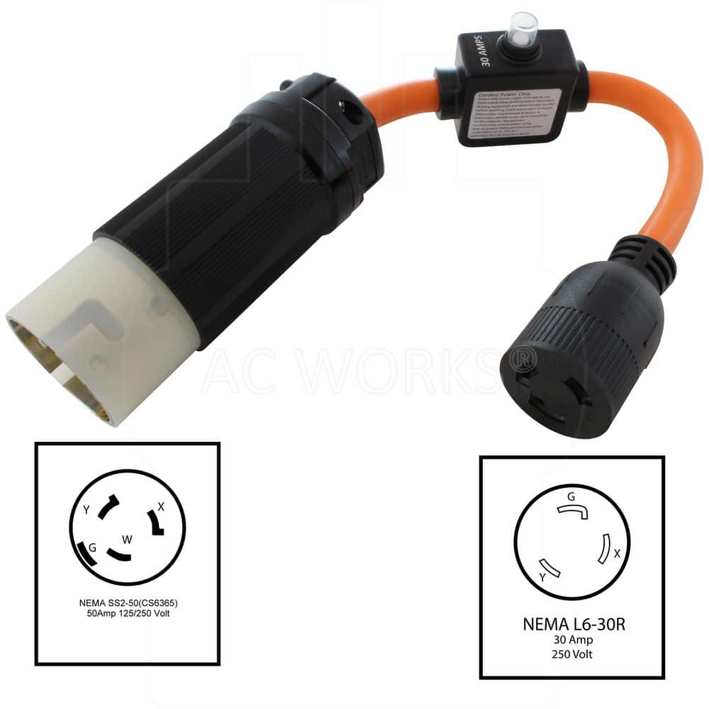 AC WORKS 50A SS2-50P/CS6365 Plug to 30A L6-30R Connector With 30A Inline Breaker 1.5 ft. 10 / 3 STW Indoor/Outdoor Cord in Orange (2)