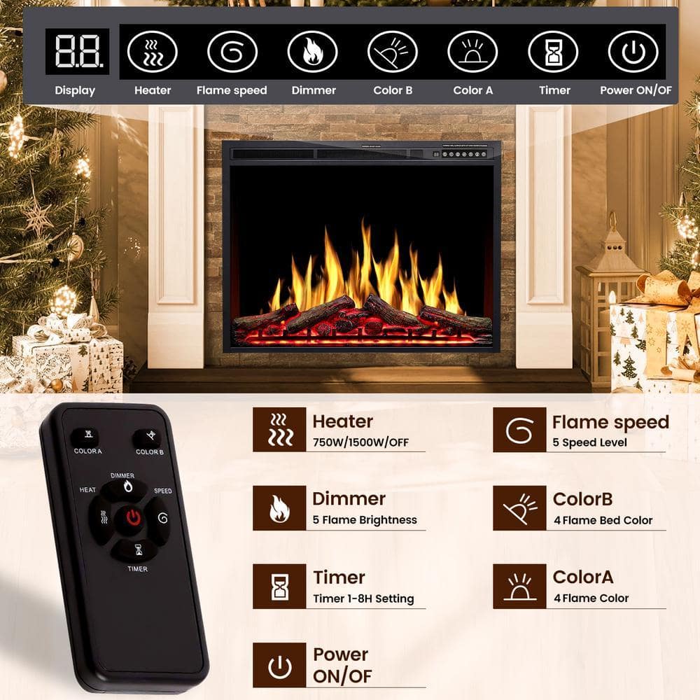 Edendirect 39 in. Ventless Electric Fireplace Insert, Remote Control, Adjustable Led Flame Brightness, 750-Watt/1500-Watt (3)