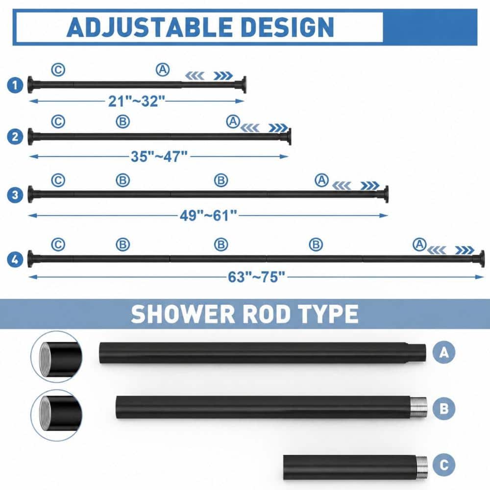 Unbranded Tension Shower Curtain Rod Adjustable 32-75 in. No Drilling Non-Slip Telescoping Stainless Steel Black (2)