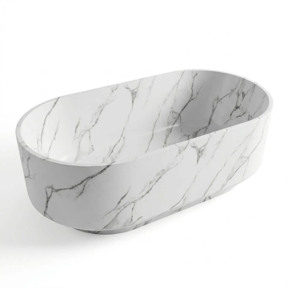 POCCI&VANCCI 67 in. Freestanding Solid Surface Oval Soaking Bathtub in Glossy White Marble Pattern with Gray Veining (1)