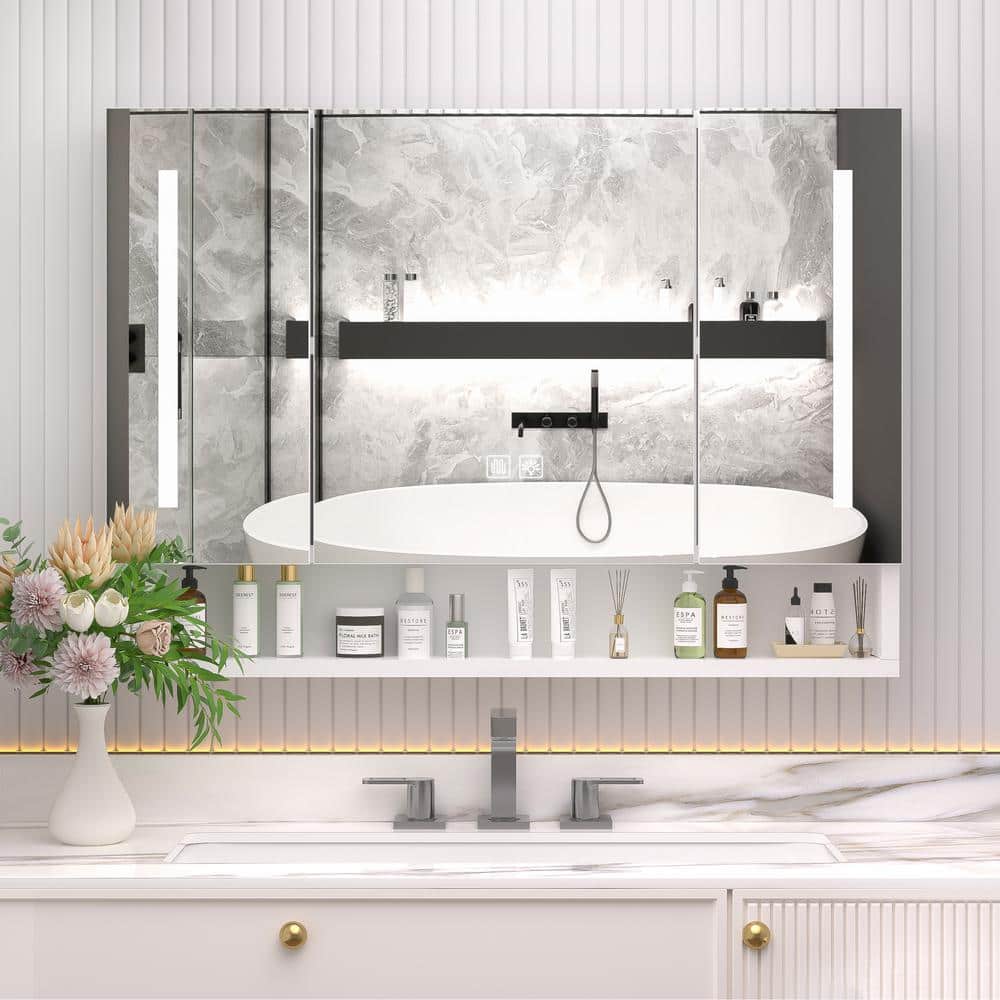 FUNKOL 39 in. W x 28 in. H White Wall Mounted Rectangular Aluminum Medicine Cabinet with Mirror LED Light Towel Rack (3)