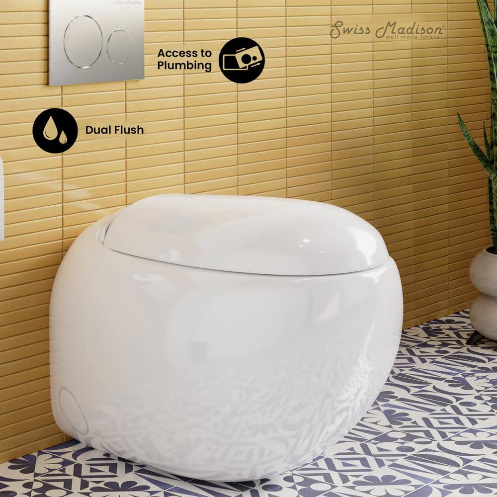 Swiss Madison Plaisir Back to Wall 1.28 GPF 7 in. Rough-In Dual Flush Round Toilet Bowl Only in White Glossy (2)