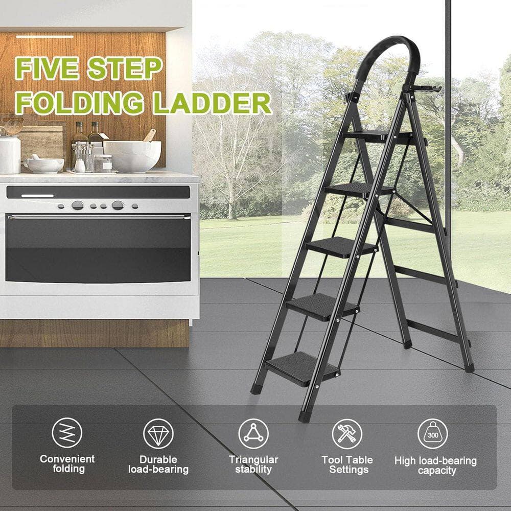 WRIGHTMASTER 5-Step Iron Foldable Step Stool (9 ft. Reach), 330 lb. Load Capacity, with a Shelf and Anti-Slip Wide Pedals (3)