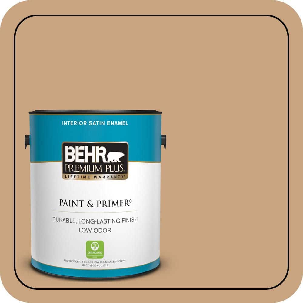 BEHR PREMIUM PLUS 1 gal. #S260-4 Pelican Tan Satin Enamel Low Odor Interior Paint & Primer