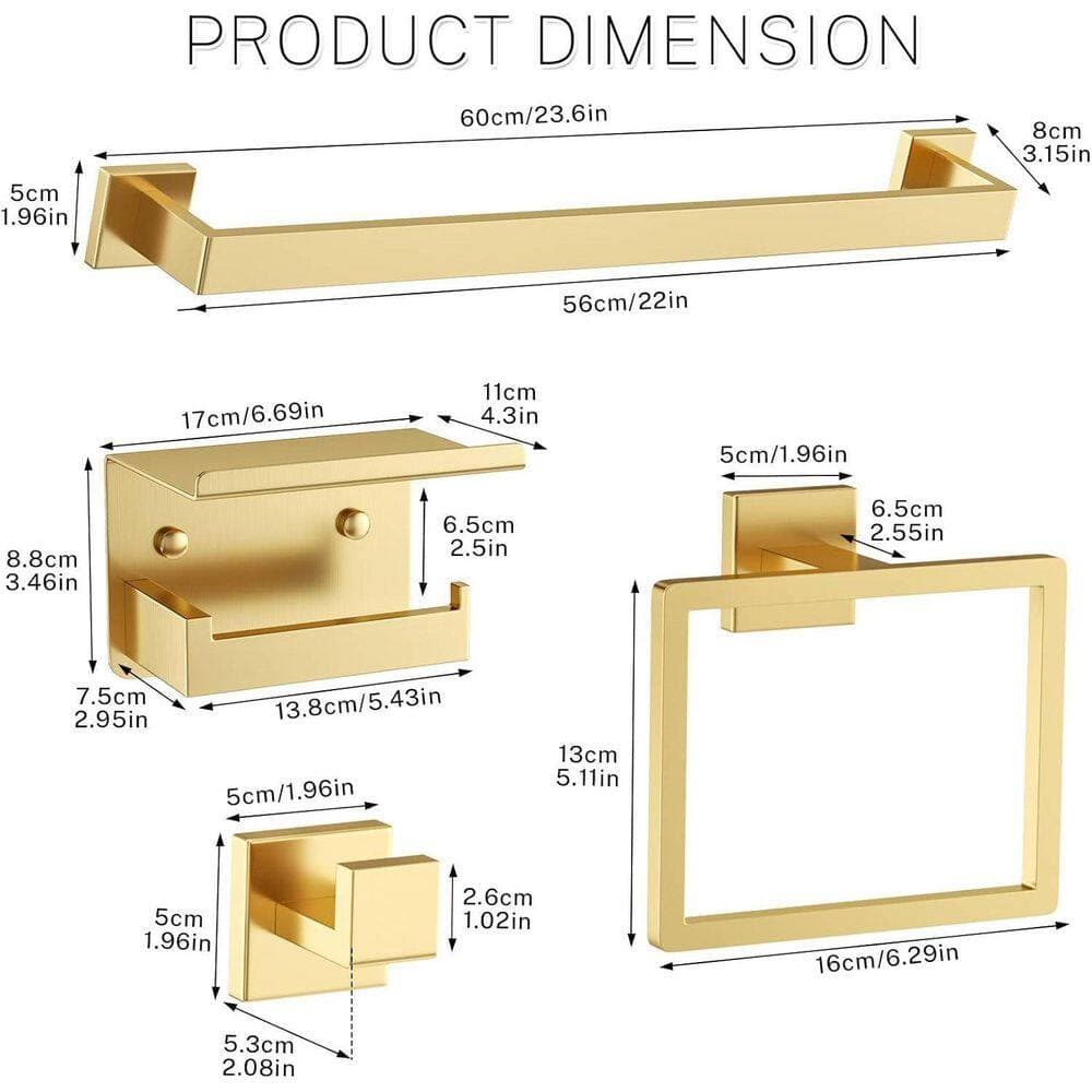 Numhew 5-Piece Modern Simple Series Wall-Mounted Bathroom Hardware Set, Towel Bar for Bathroom 23.6 in. Towel Bar in Gold (2)