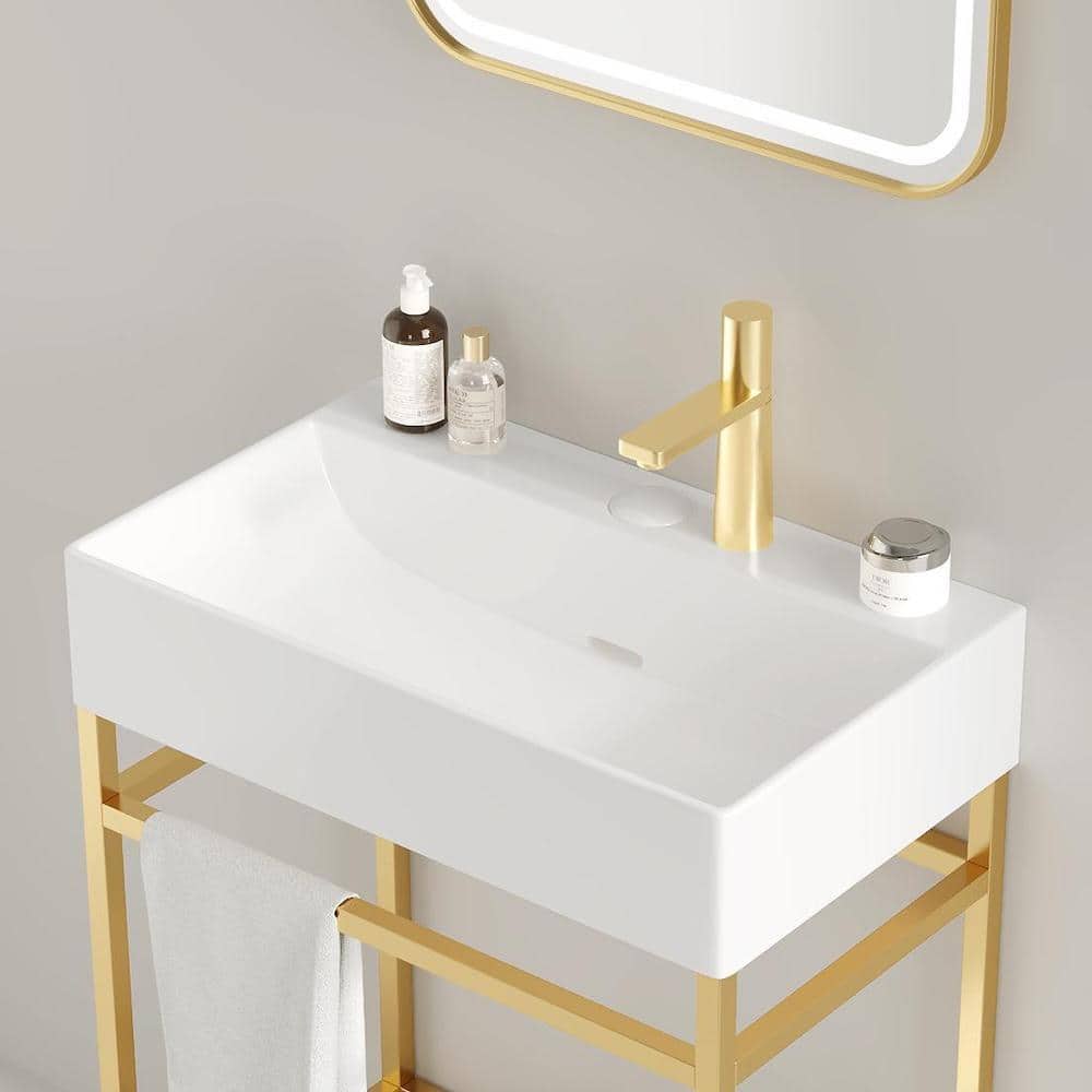Modland Baye 23.62 in. Bathroom Ceramic Single Console Sink in White with Golden Metal Leg (3)