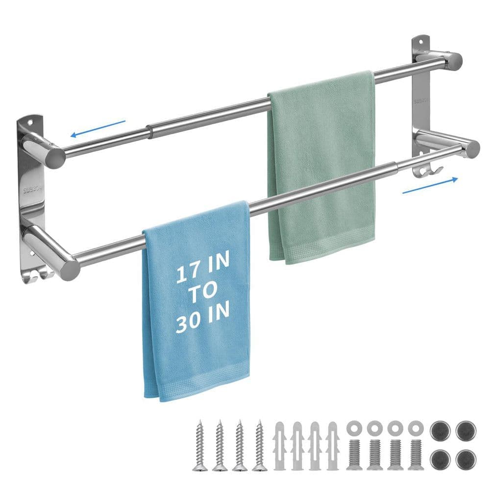 Numhew 30 in. Wall Mounted Towel Bar in Silver, Stainless Steel Double Towel Bar for Bathroom, Telescopic Adjustable (3)