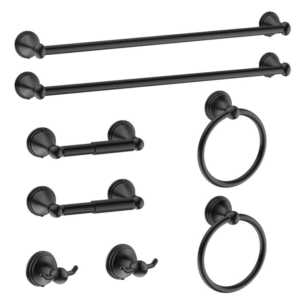 Unbranded Matte Black 8 Piece Towel Bar and Hook Accessories Set with 2 24 in Towel Bars and Toilet Paper Holder