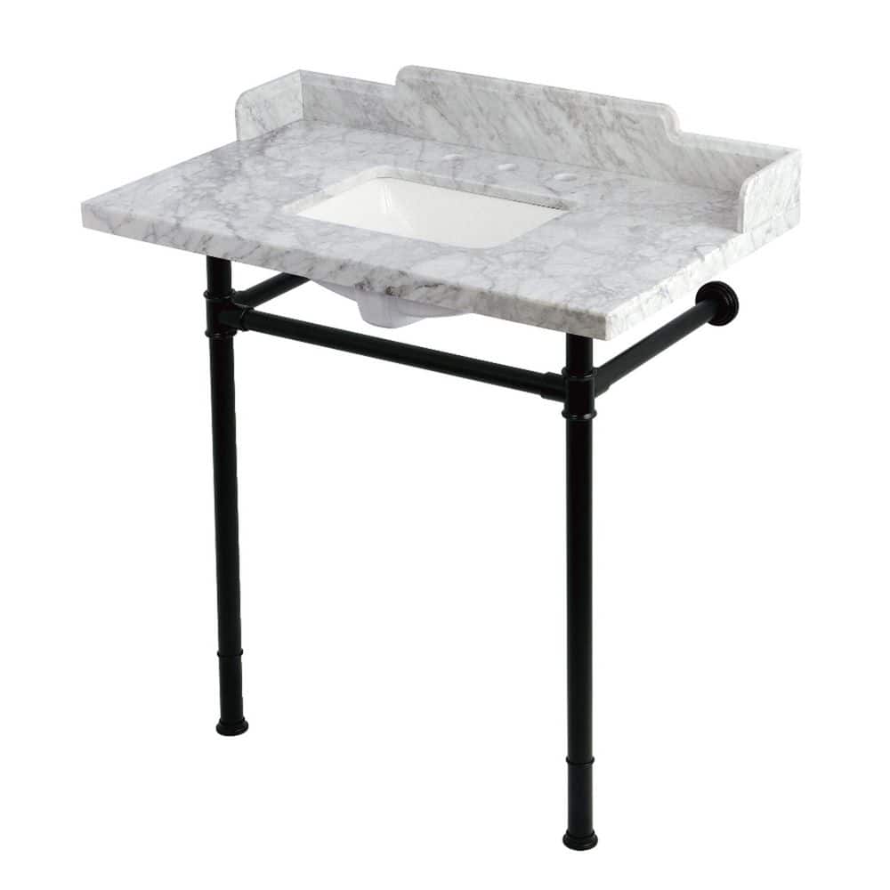 Kingston Brass Wesselman 36 in. x 22 in. Console Sink Combo in Carrara Marble White/Matte Black with Legs (1)