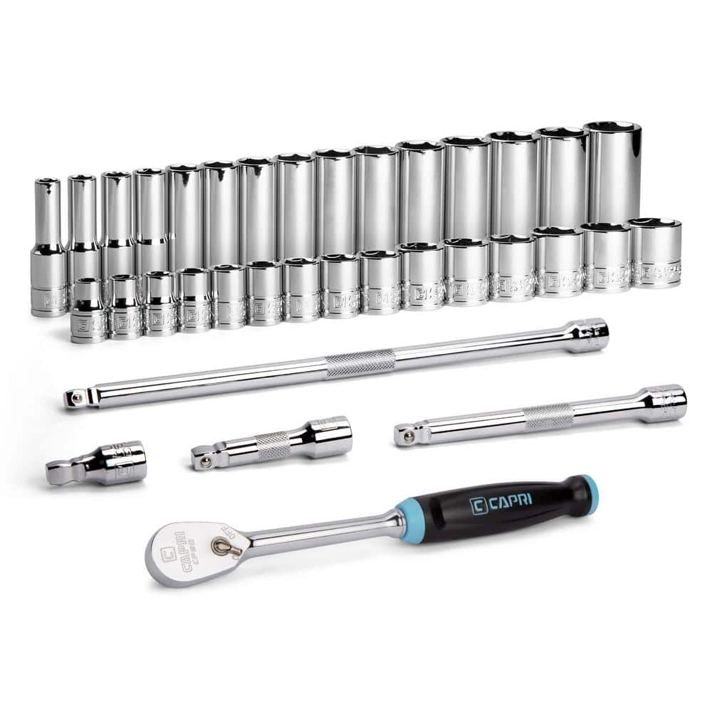 Capri Tools 3/8 in. Drive Master 6-Point Metric Master Chrome Socket Set with Extension and 90-Tooth Soft Grip Ratchet (35-Piece) (1)