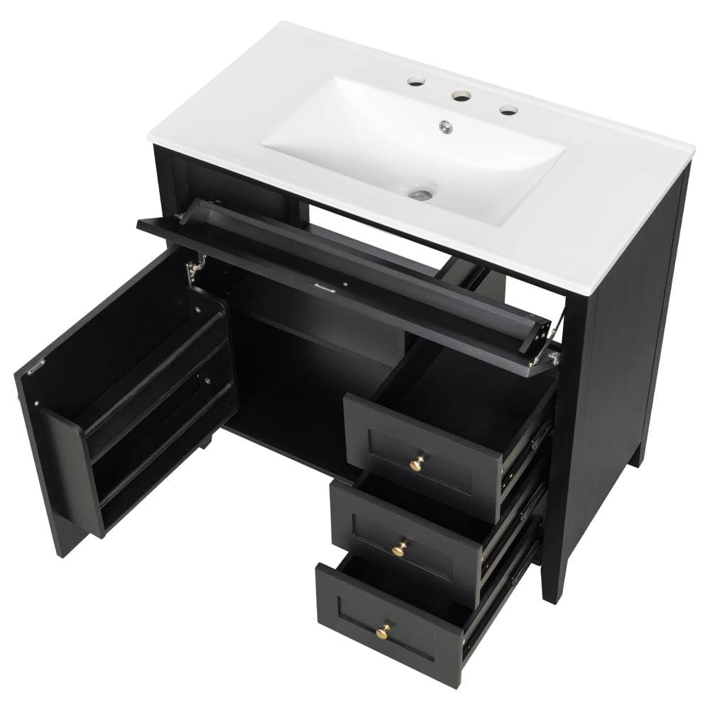 Unbranded Black 36-Inch Bathroom Vanity with Sink 3 Drawers and Adjustable Shelf for Bathroom(Left Door) (2)